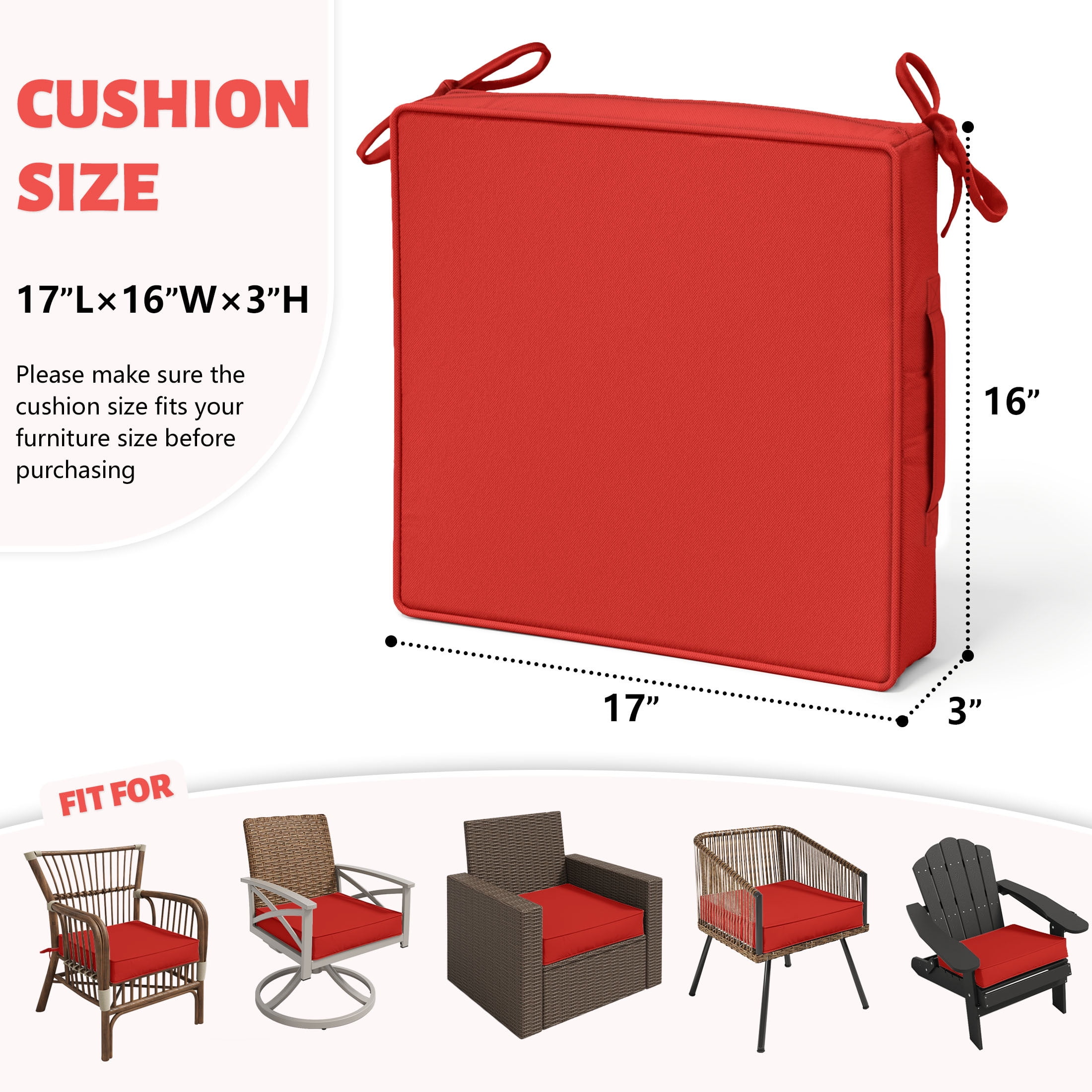 Kimunuk Outdoor Chair Cushions set of 2, 17" x 16" Zipped Waterproof Outdoor Seat Cushions Couch Pads with Ties for Patio Furniture, Red
