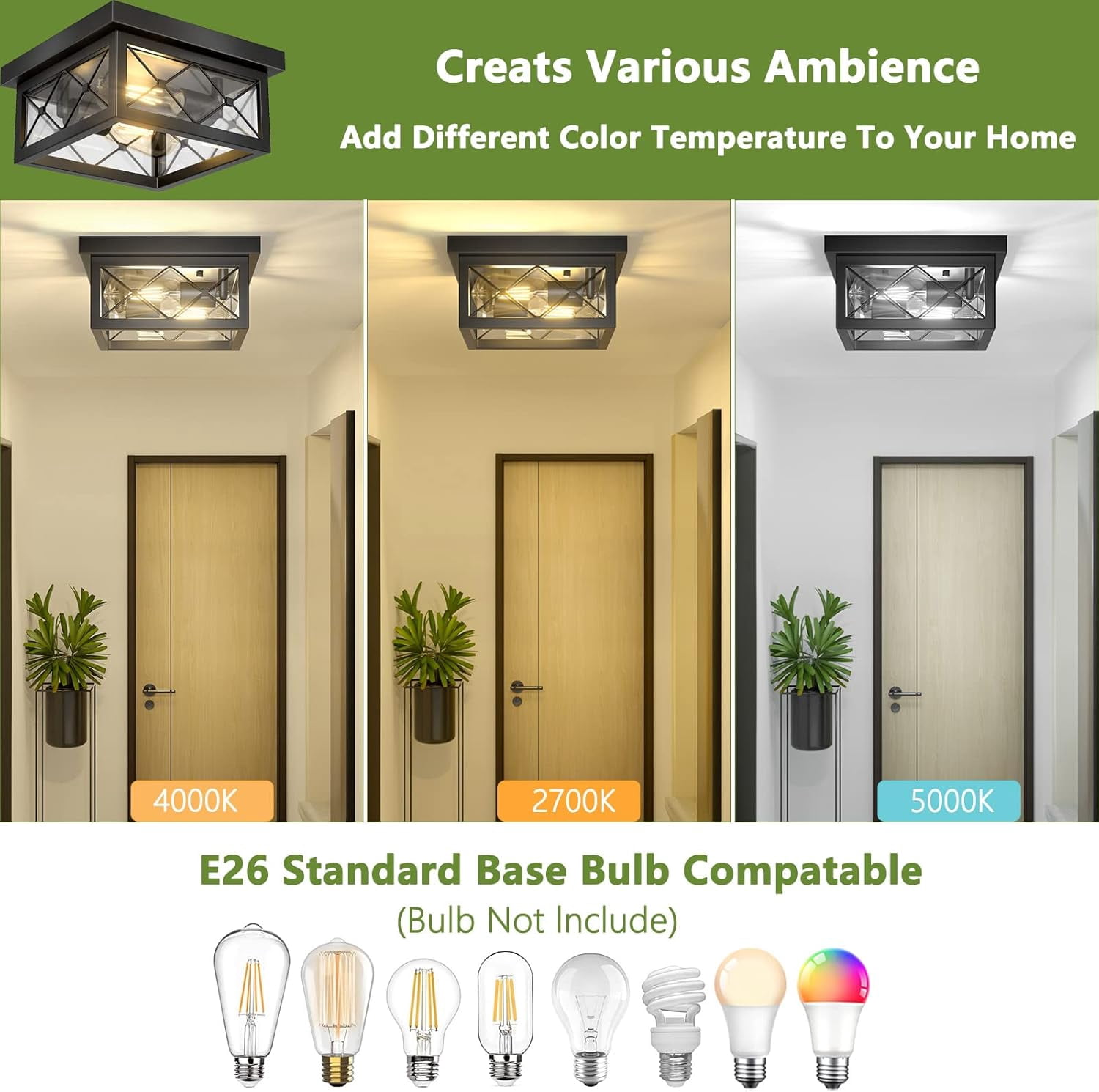 Farmhouse Light Fixtures Ceiling Mount 2-Light Black Flush Mount Ceiling Light with Clear Glass Shade Metal Cage Square Ceiling Lamp for Bathroom Kitchen Porch (Bulbs Not Included)