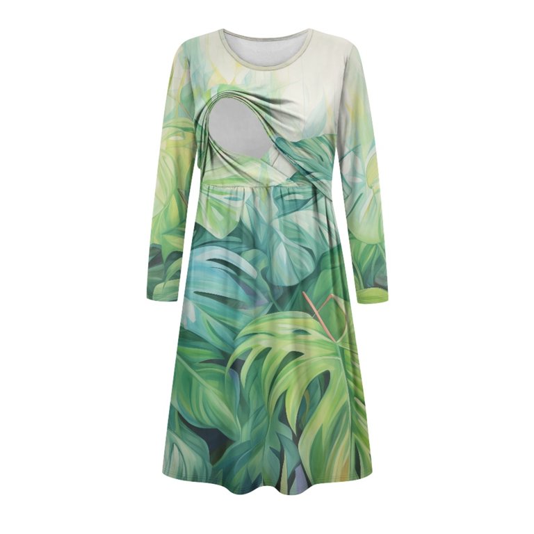 SCRAWLGOD Palm Leaf Nursing Dresses Breastfeeding Long Sleeve Maternity  Dress for Women Crewneck Pregnancy Dresses for Baby Shower Size S Elastic  Swing Dress for Women Midi - Walmart.com