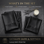 PixelForge Queen Satin Sheet Set, Silky Satin Bed Sheets, Silk-Like Sheets for Hair & Skin, 4 Piece, Black, 14 Deep Pocket