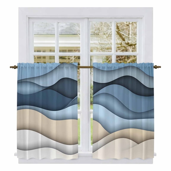 Blue Beige Ombre Tier Curtains, Geometric Abstract Modern Moire Light Filtering Kitchen Curtains, 2Pcs Rod Pocket Half Window Treatments Panels for Sink Cafe Cabinet Basement 27.5x45 Inches