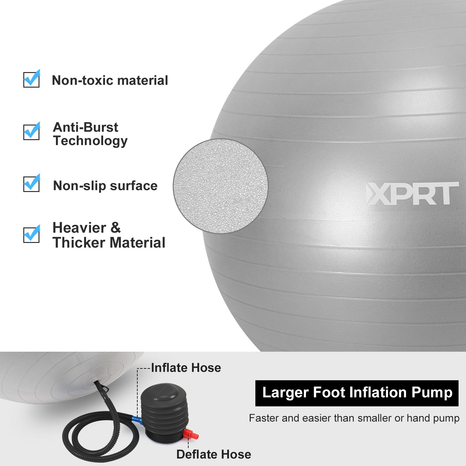XPRT Fitness 65 cm Silver Gray Exercise Ball, Anti-Burst Yoga Stability Ball with Foot Pump for Core Strength, Posture & Back Relief
