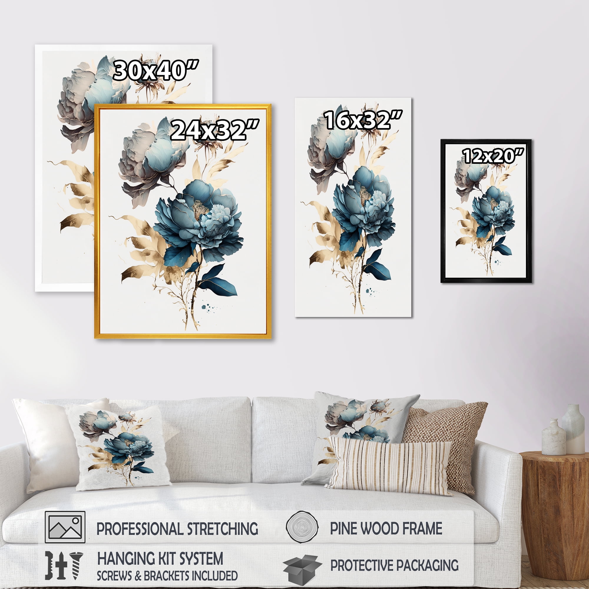 Designart Hyperrealistic Blue And Gold Peony I Canvas Wall Art