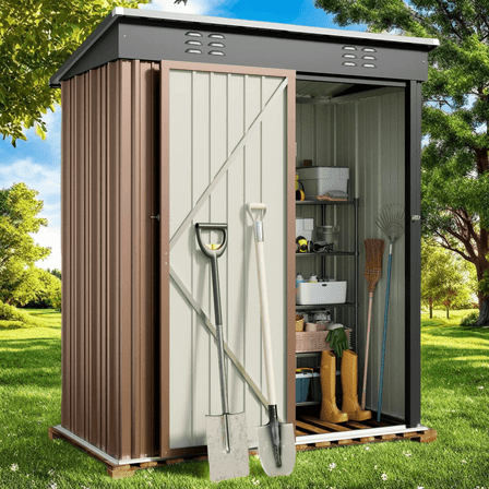 5 x 3FT Garden Metal Outdoor Storage Shed with Sloped Roof & Lockable Door for Patio & Backyard, Brown