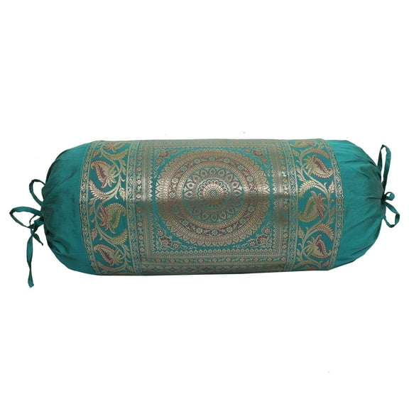 Stylo Culture Traditional Polydupion Cylindrical Yoga Bolster Pillow Cover Green Mandala Jacquard Brocade Border Large Sofa Round Cylinder Cushion Cover (1 Pc) | 30x15 Inches (76x38 cm)
