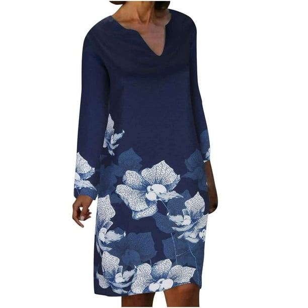 Vestido largo hasta la rodilla con cuello en V y manga larga con estampado cómodo e informal a la moda para mujer Pompotops hdfakjf3068