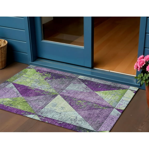 3' X 5' Purple And Lime Green Geometric Washable Indoor Outdoor Area Rug