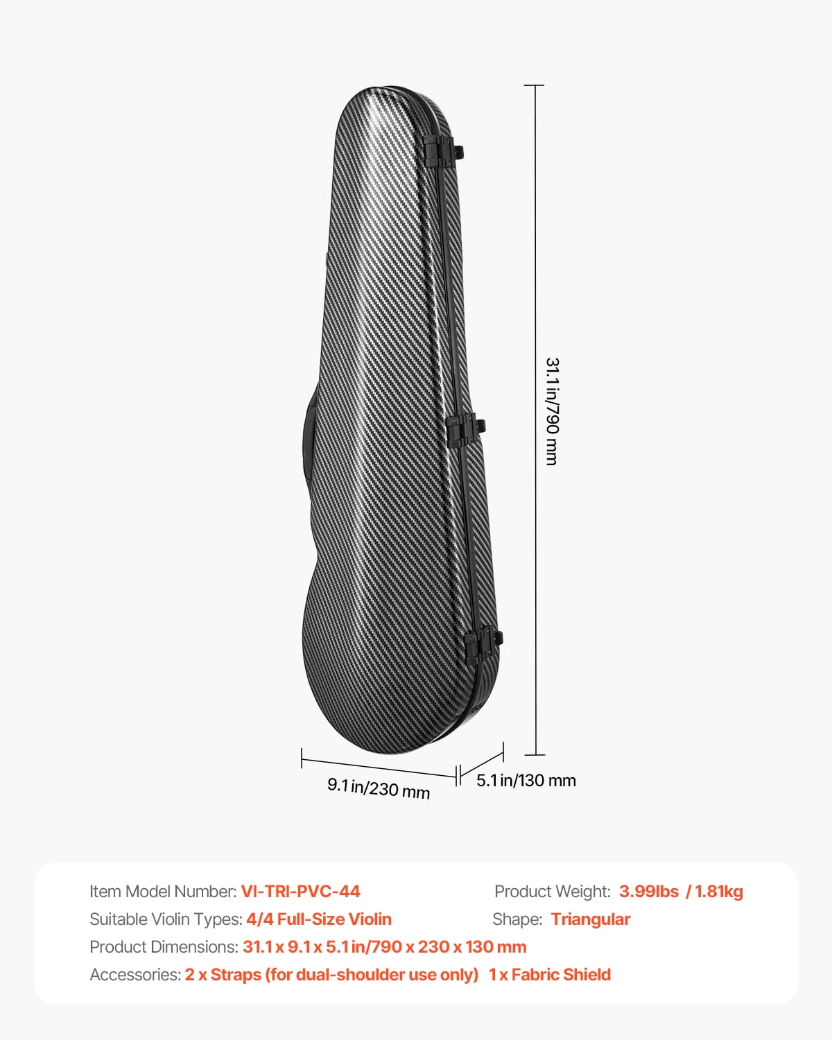 VEVOR 4/4 Full Size Violin Case, Built-in Hygrometer, Lightweight Portable Travel Carrying Bag, with Plush Lining, Dual Shoulder Straps, Anti-Scratch, Professional Triangular Shape, for Violin