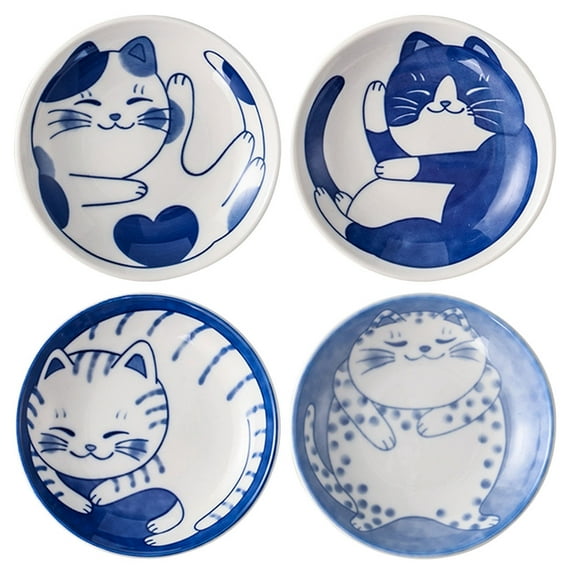 4pcs Ceramic Sauce Dish Japanese Style Cat Pattern Seasoning Dish Appetizer Plates