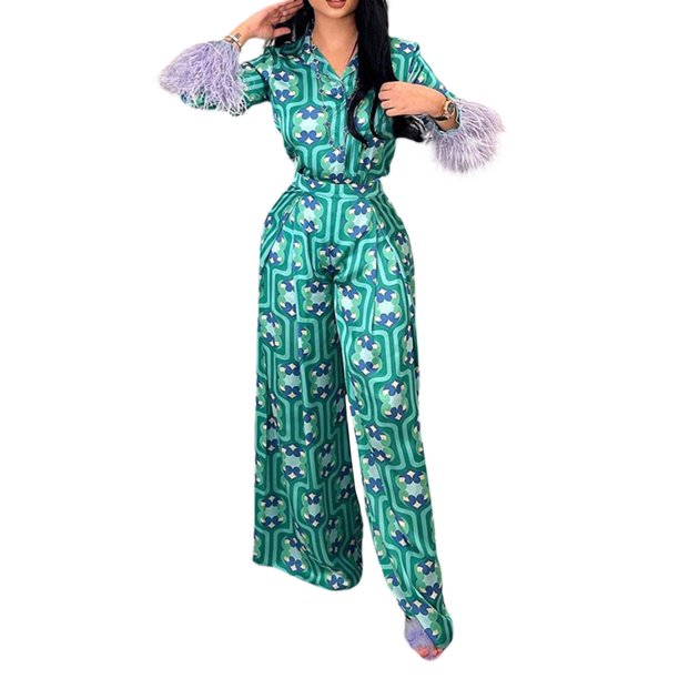 Traje informal Sunloudy para mujer, camisa de manga larga con estampado geométrico de plumas y pantalones largos de pierna ancha estampados Sunloudy S M L XL XXL