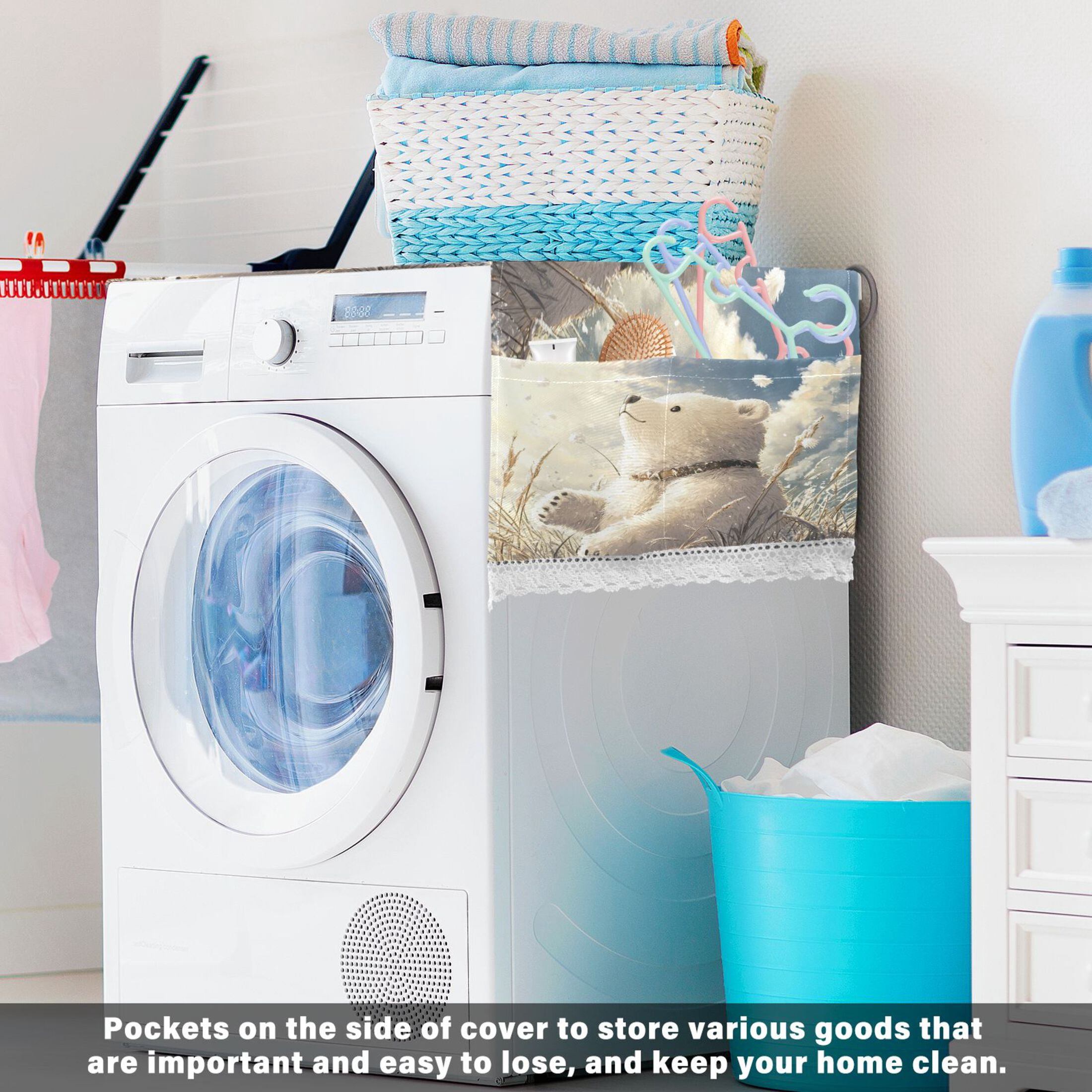 WOBOGO White Bear Enjoying The Sunshine Washing Machine Cloth Dryer Refrigerator Top Cover Protective Non-Slip Mat For Kitchen Laundry