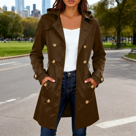 Antqov Trench Coat Women, Solid Color Long Double Breasted Corset Hooded Jacket with Pockets, Winter Stylish Lightweight Windproof Overcoat