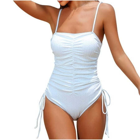 Virmaxy Women s Striped Printed One-piece Swimsuit Sexy Backless Strappy Tankini Camisole Waist Cinching Swimwear With Bra Padded for Pool Party Vacation White-1 XL
