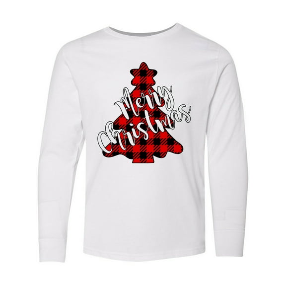 Inktastic Red Buffalo Plaid Christmas Tree Long Sleeve Youth T-Shirt