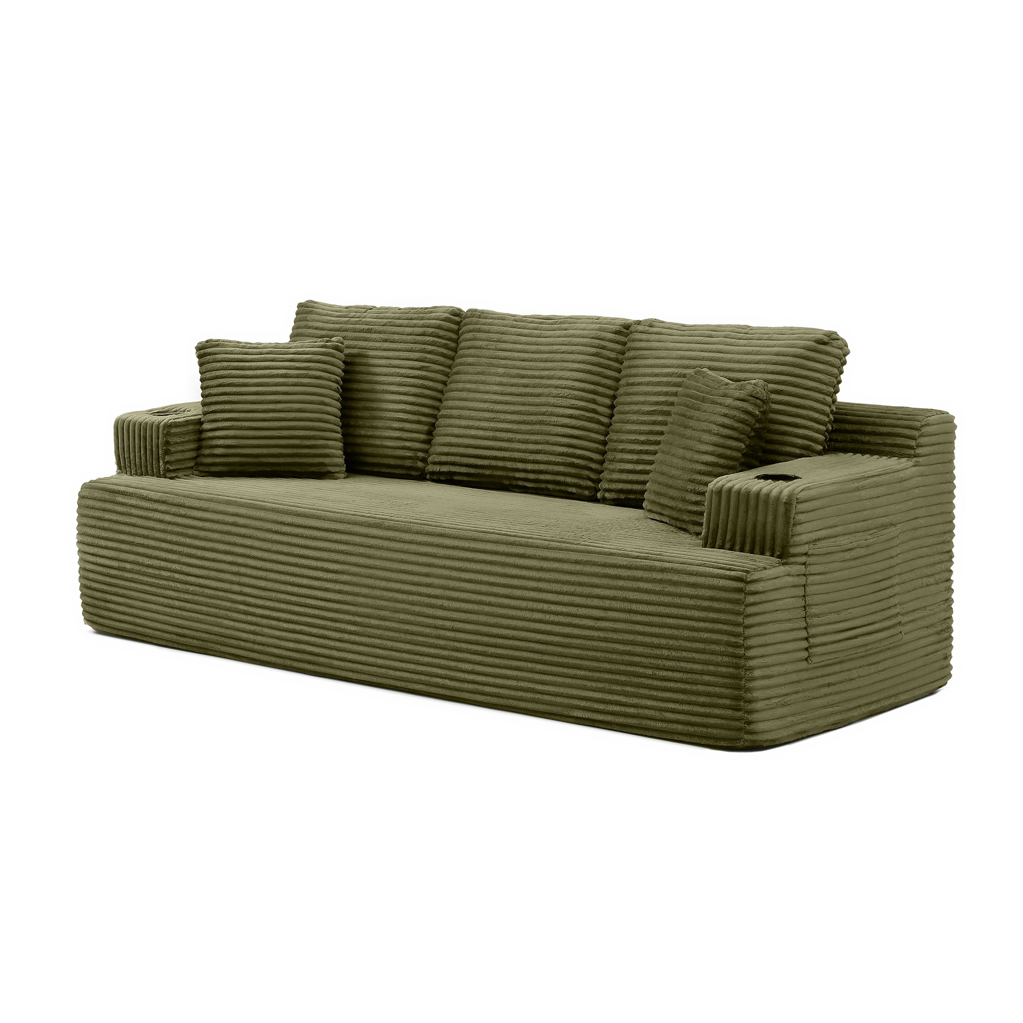 Boneless Sofa, 3-Seater Floor Couch with Cup Holders and Side Pockets, Corduroy Fabric No Assembly Sofa for Living Room or Dorm, 86.2 Inch, Green