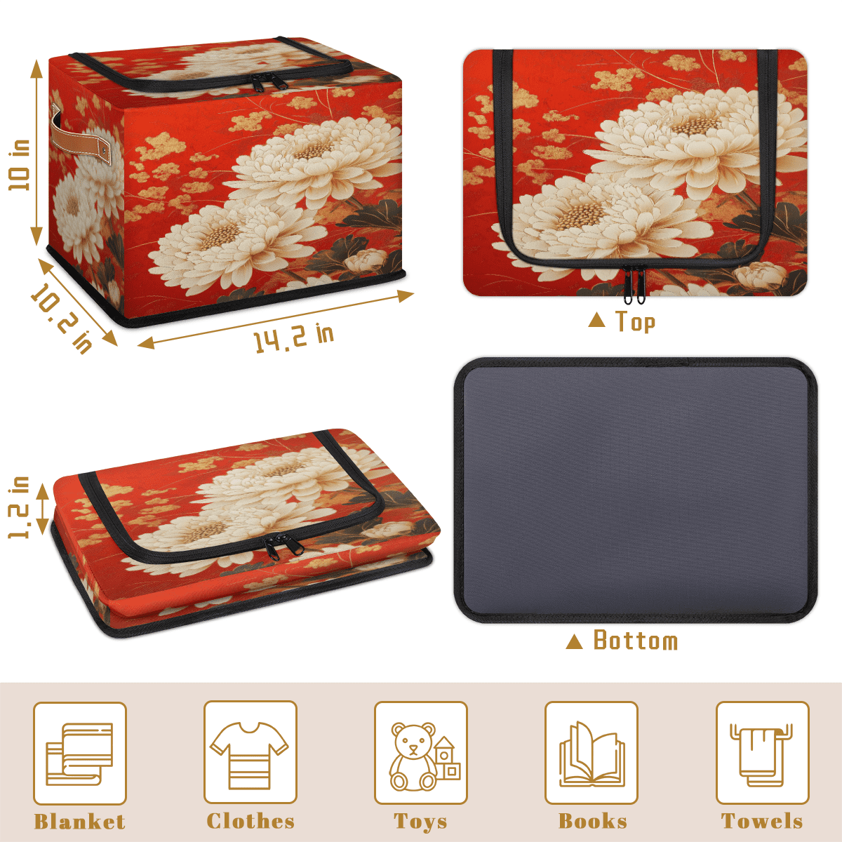ADECORIVY Flowers Chrysanthemum Fabric Storage Bin with Lid, Decorative Closet Shelf Organizers, Floral Foldable Basket Box Clothes Storage Bin with Handles
