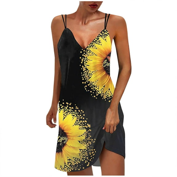 Summer Saving Wycnly Formal Dresses for Women Beach Slim Spaghetti Strap Tunic Mini Sun Dress V-Neck Sleeveless Feather Print 2024 Summer Short Dresses Yellow m Clearance Clothes