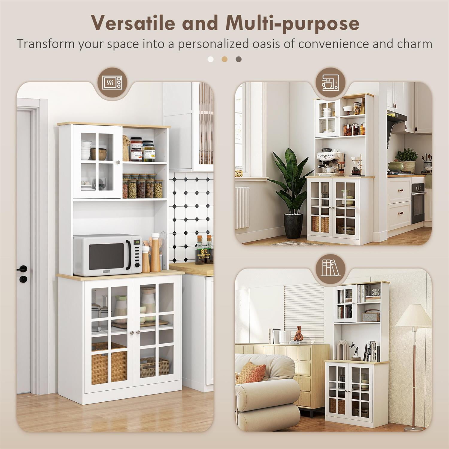 Demi Bonn 72" Kitchen Pantry Cabinet, Freestanding Storage Cabinet with Hutch, Large Countertop, Glass Doors and Adjustable Shelves for Dining Room, White