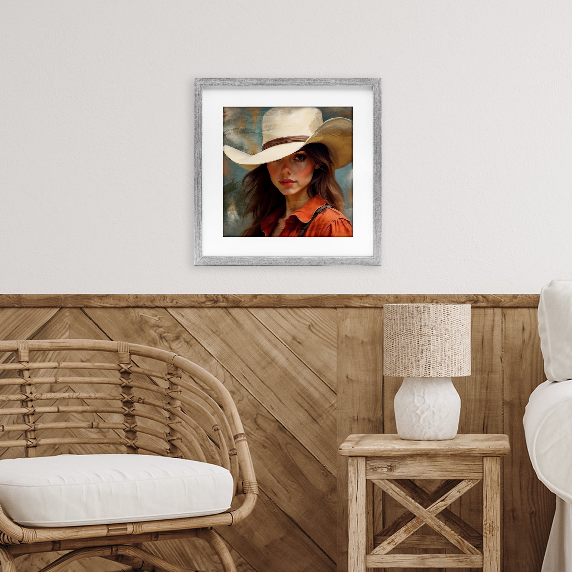 Cowgirl Gaze Beneath Hat Gray Framed Print Under Glass, design by Kim Allen