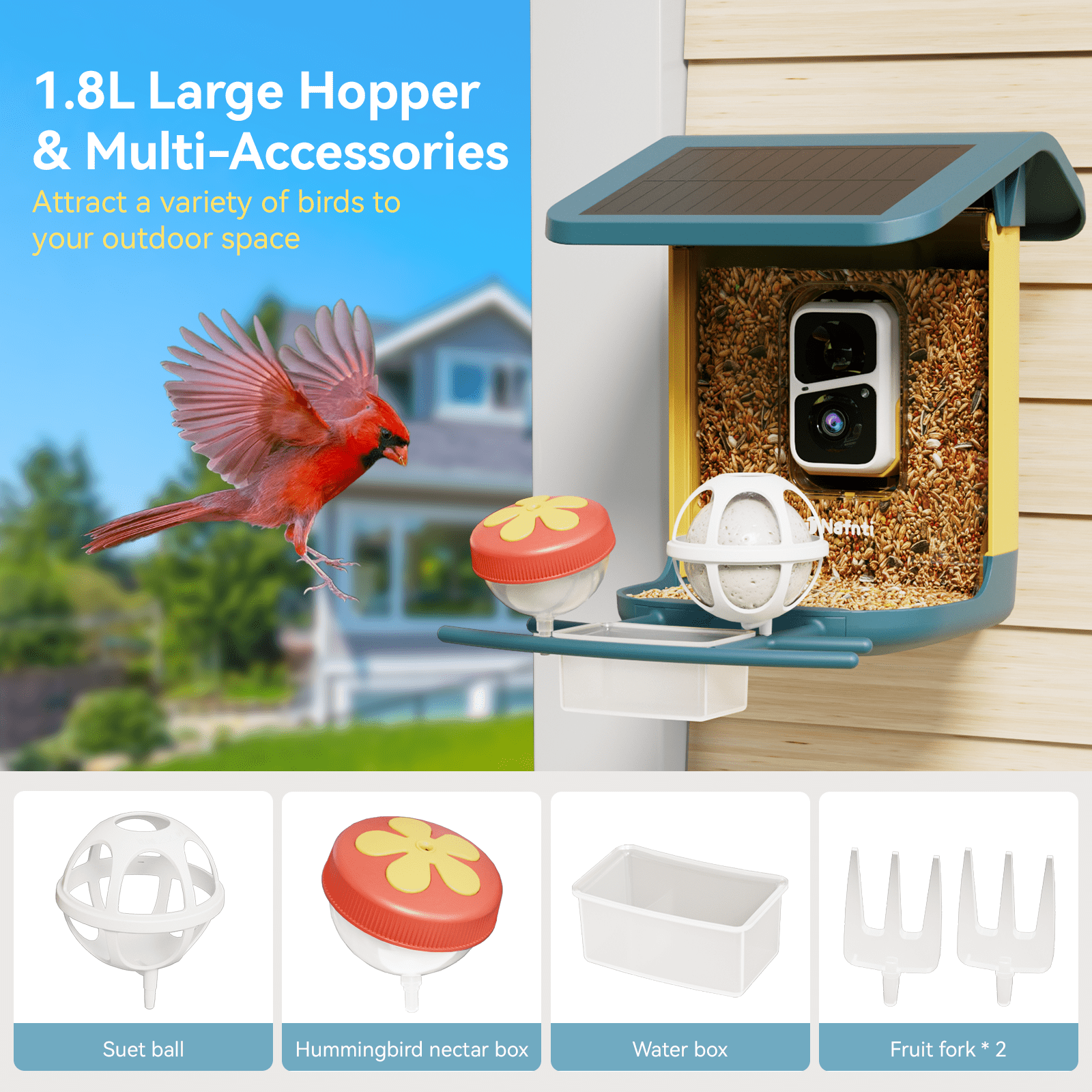 Nafnti Smart Bird Feeder, 5GHz/2.4GHz, 2K HD Bird Feeder Camera with Solar Roof, AI Bird Species Identify, IP65 Waterproof Rating, for Bird Watcher Gift, Blue