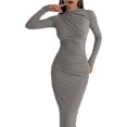 thumbnail image 2 of Vestido Ajustado de Otoño para Mujer, de Larga, con Cuello Redondo Fruncido y Corte Entallado, Vestido de Cóctel para Fiesta Gris M, 2 of 10