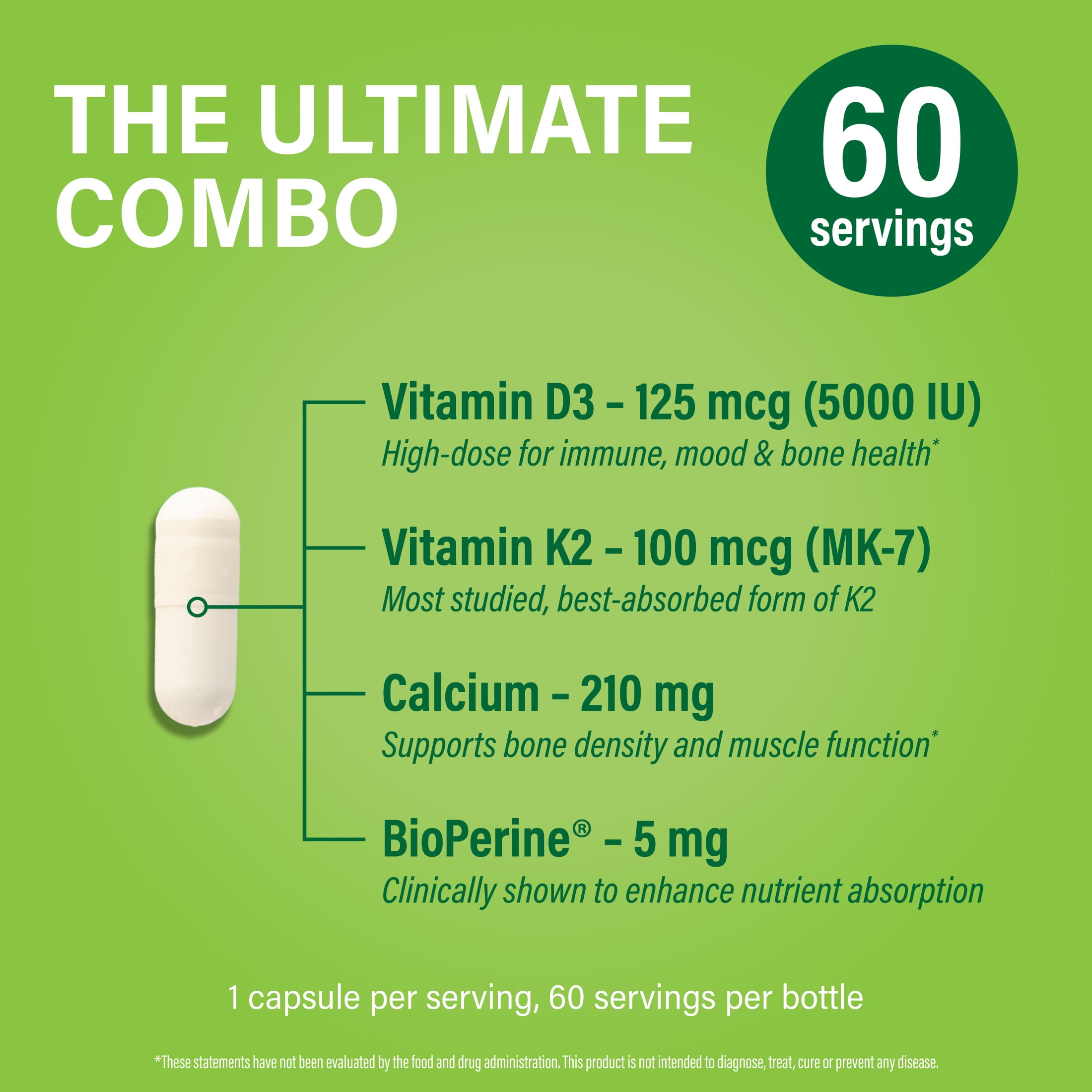 Noophoric Vitamin D3 K2 5000 IU Supplement with Calcium, BioPerine - Non-GMO, 360 Capsules (6 Pack)
