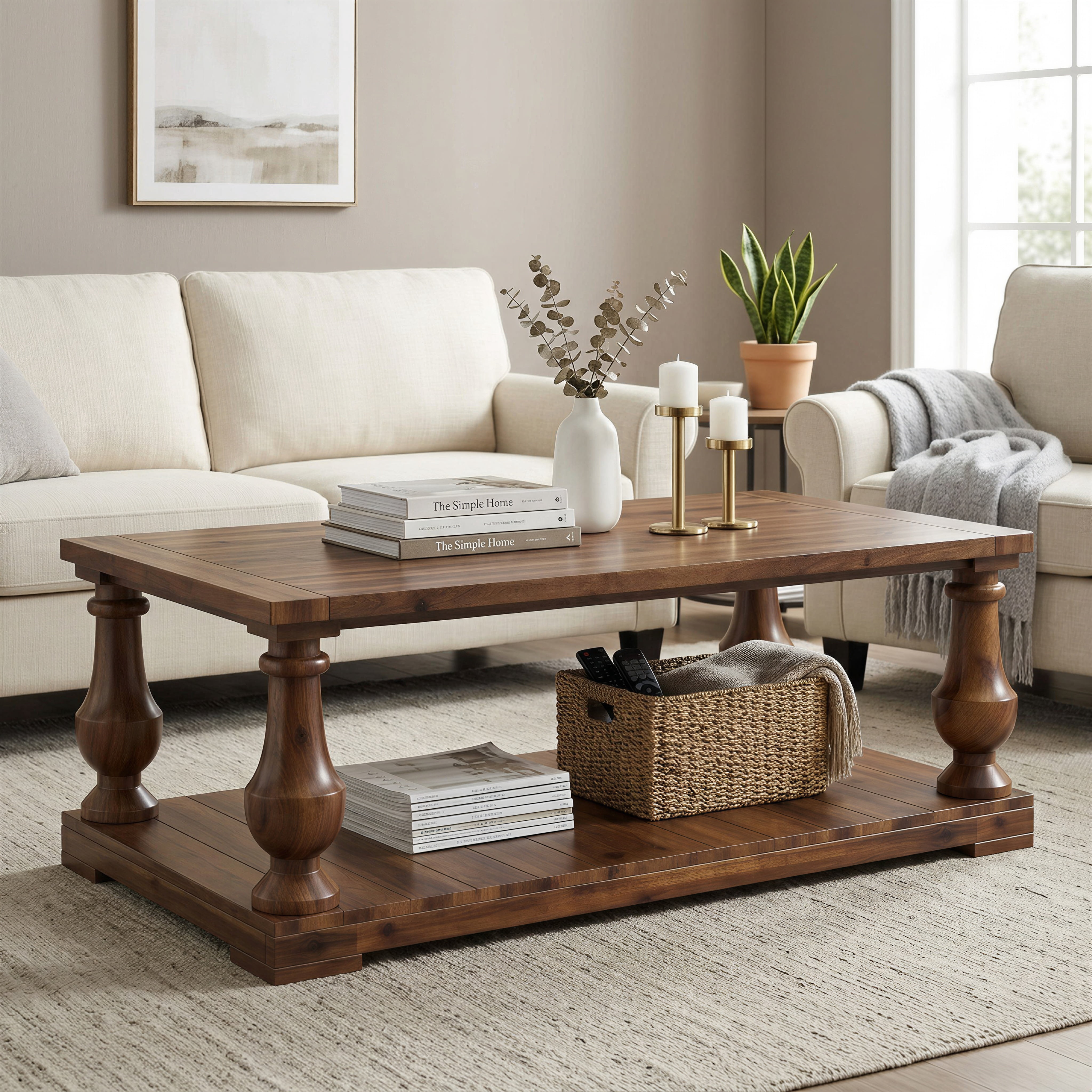GARITIN Farmhouse Coffee Table with Storage Shelf, Solid Wood Turned Legs, 2-Tier Rustic Wood Center Table for Living Room, Walnut