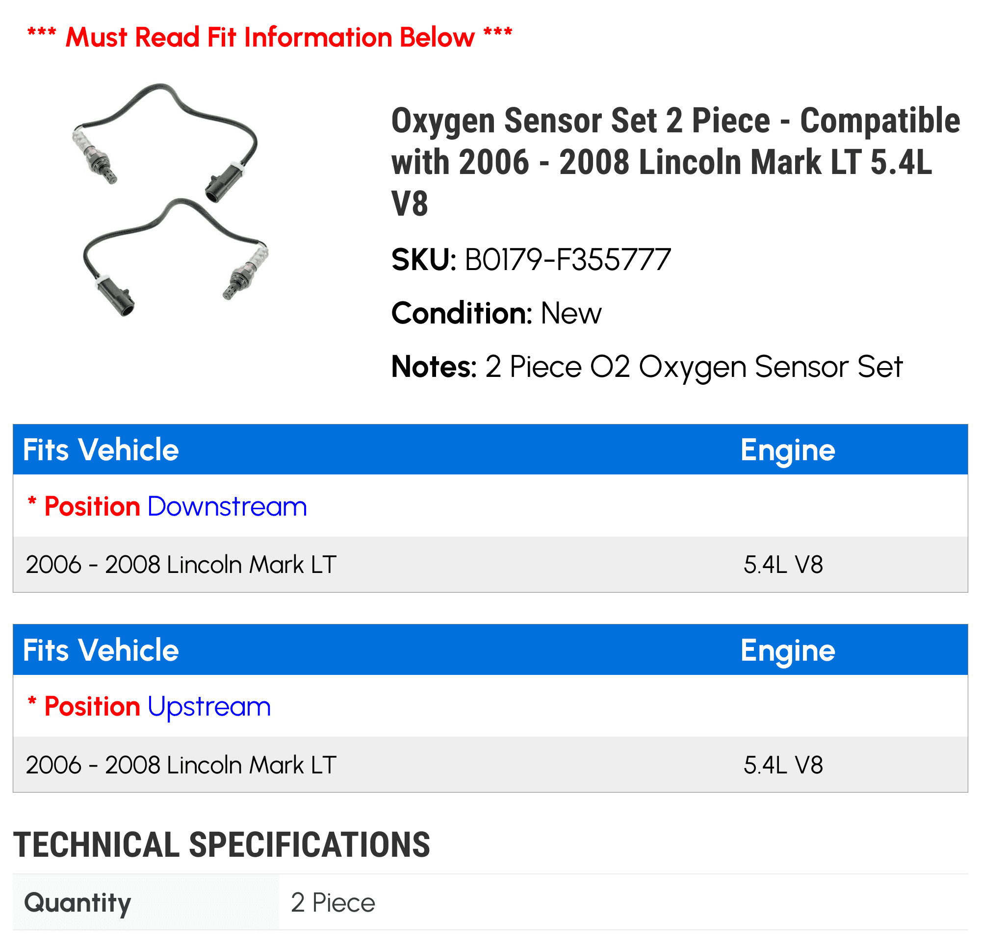 Oxygen Sensor Set 2 Piece - Compatible with 2006 - 2008