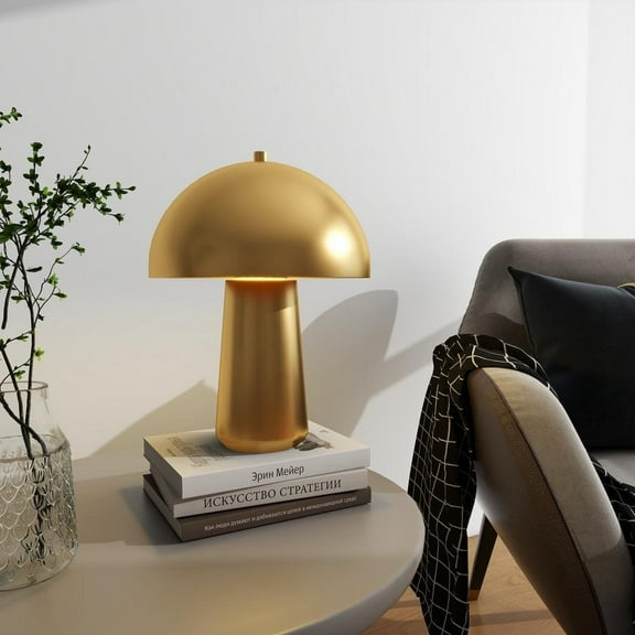 15.7" Mini Brass Mushroom Lamp - Included Bulb | Whimsical Table Light with Fabric Shade | Warm Metallic Accent for Desks & Nightstands