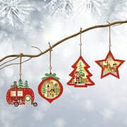 Christmas Light Hanging Ornaments,Wooden Hanging Tree Pendant LED Lights with Rope,Christmas Tree Decoration Xmas Gifts for Boys Girls Women & Men(4 pcs)