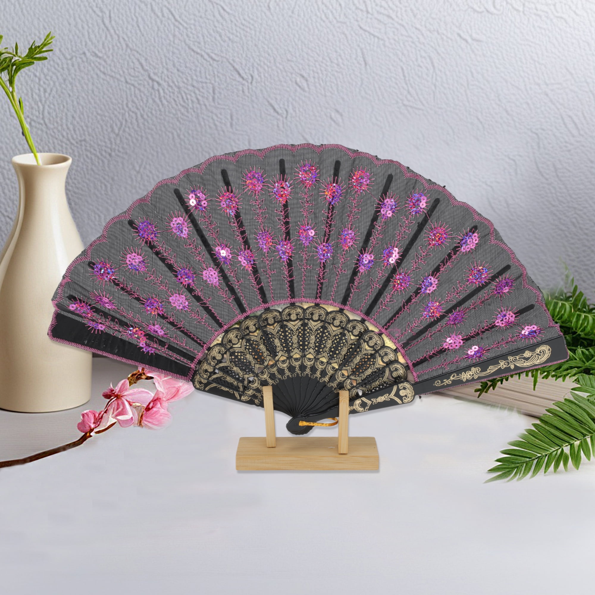 Unique Bargains Beautiful Sequins Folding Fan 1 Pc Pink