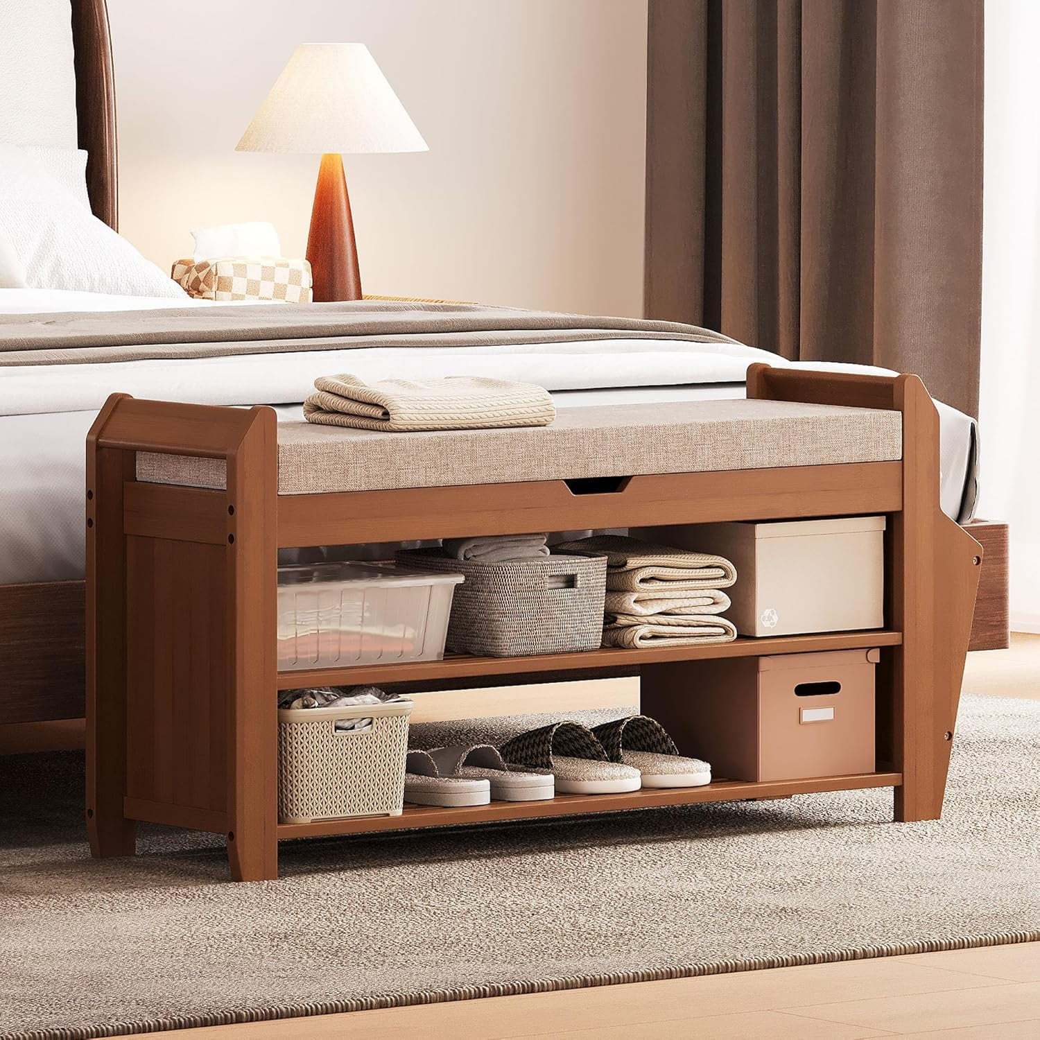 AOPEC 31.5" Bamboo Shoe Rack Bench with Storage, 3-Tier Entryway Bench with Thick Cushion, Flip-Top & Side Baskets, Holds Up to 550 LBS for Hallway, Living Room, Bedroom