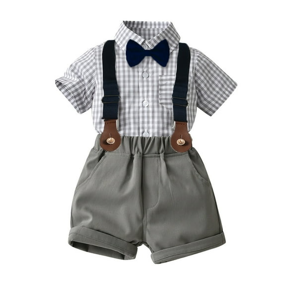GZEFJRQM Boys Suit Family Photo Outfits Button Down Short Sleeved Lapel Plaid Skirt with Bow Tie Strap Shorts 2pcs Sets Toddler Boy Clothes for Wedding Communion and Party Grey 12-18 Months