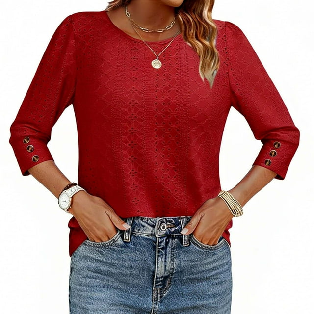 Ltctricy Hauts pour Femmes Manches 3/4 Col Ras du Cou T-Shirts Brodés à Oeillets T-Shirts Habillés Décontractés Tuniques Amples Blouses (Rouge, XX-Grand)