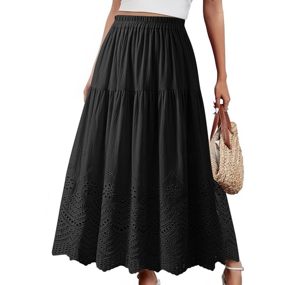 qelini Lace Maxi Skirt for Women Long Skirt Elastic High Waist A-line Skirt Solid Color Casual Skirt