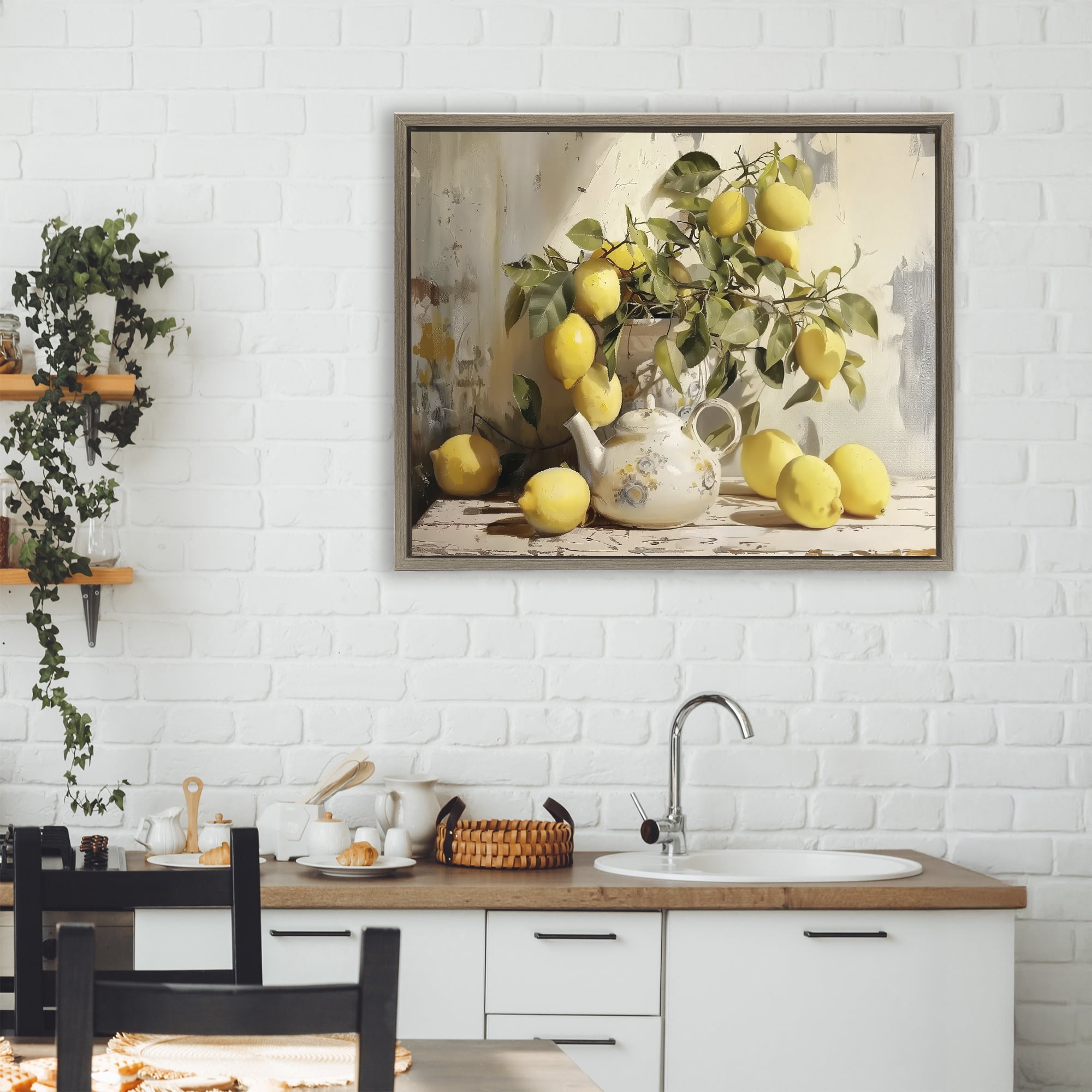 Stupell Industries Lemon Still Life with Teapot Brown Framed Floater Canvas Wall Art, design by LSR Design Studio