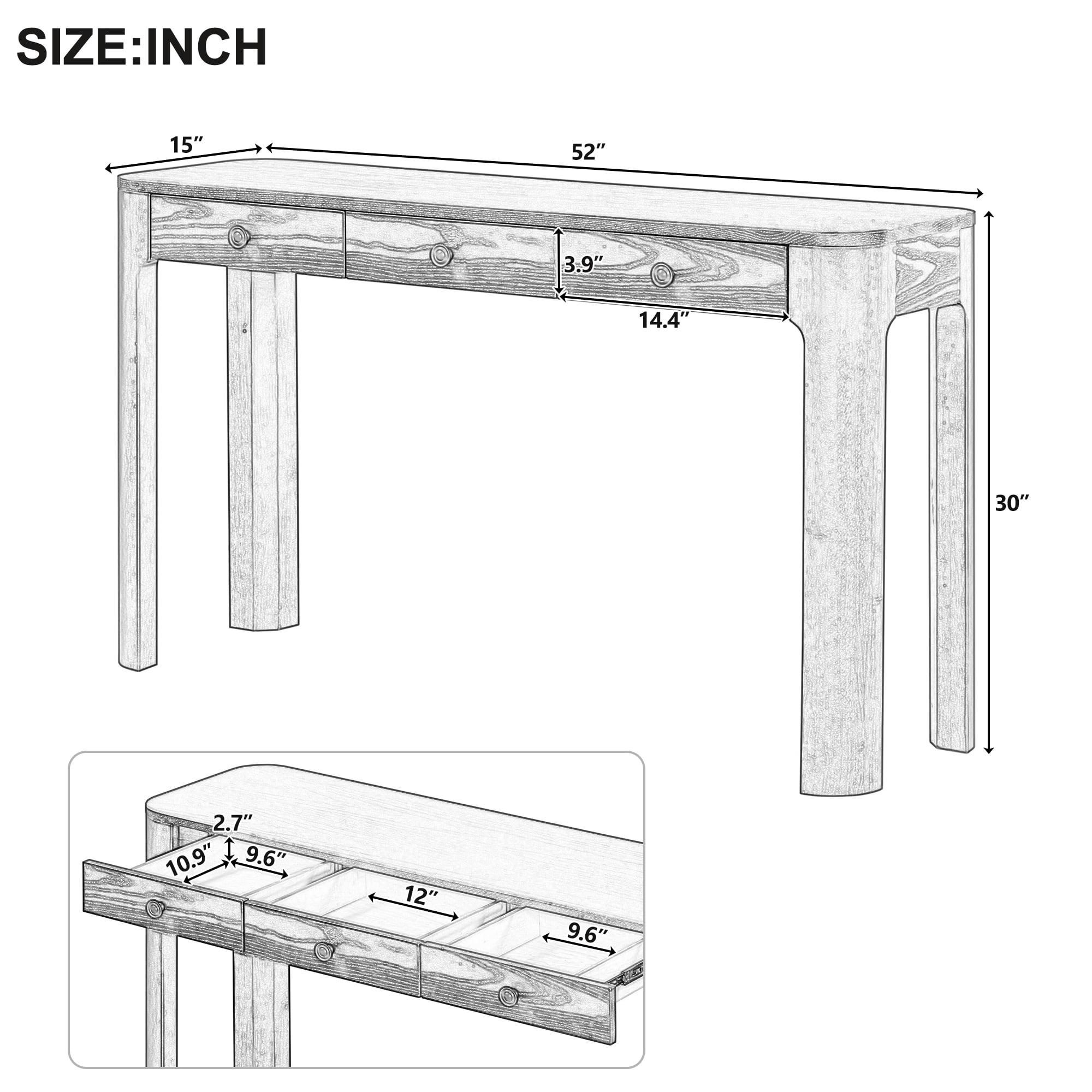 Aukfa 52" Console Table with Curved Corners, 3 Drawers & Thick Legs, Entryway Table for Living Room & Hallway, Light Oak
