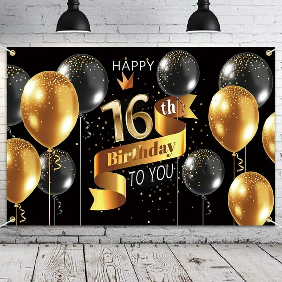 Happy 16th Birthday Backdrop Banner - 16 Birthday Party Decorations Supplies for Boys - Black Gold
