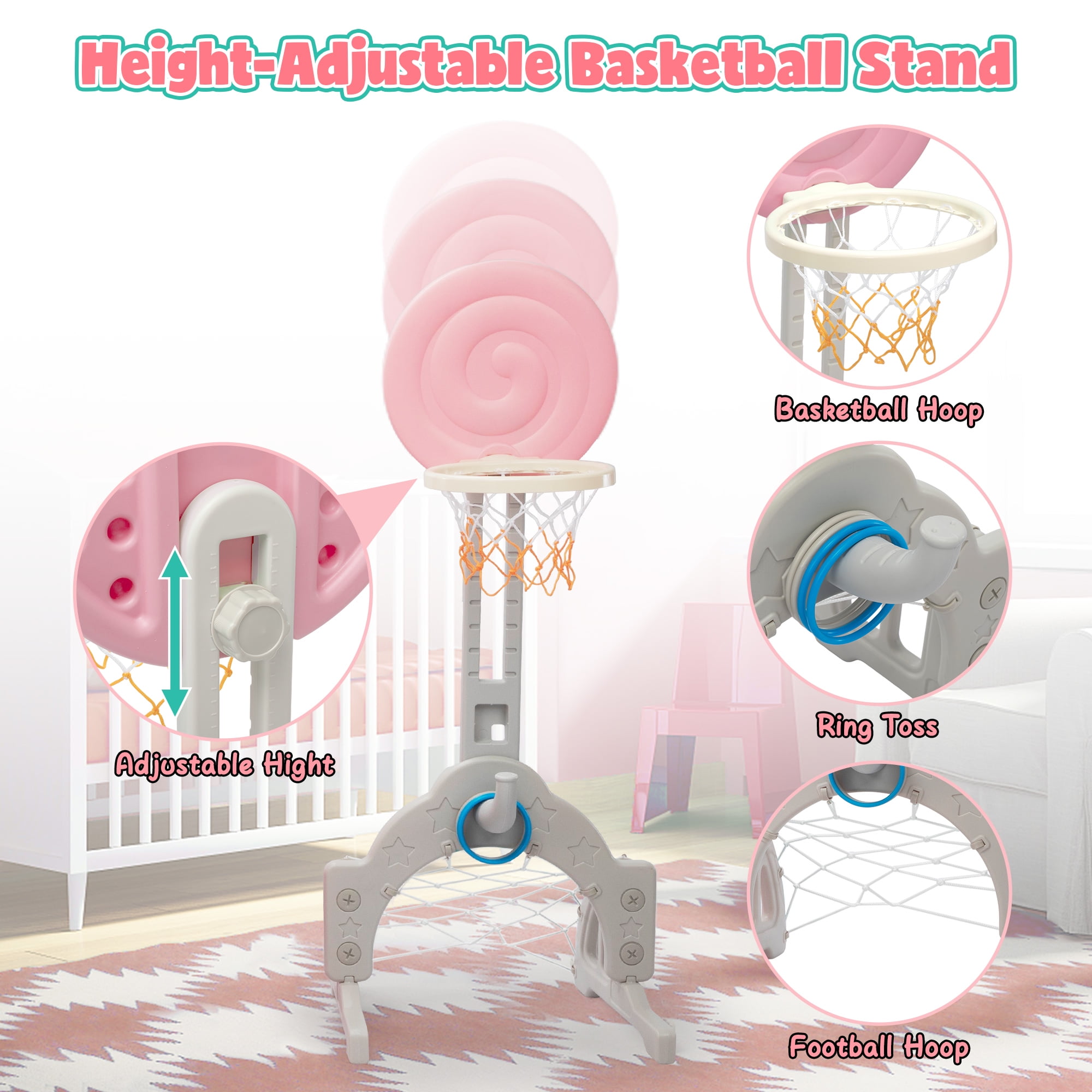 NYEEKOY 6 in 1 Toddler Slide and Swing Set, Indoor and Outdoor Kids Playset with Slide, Swing, Climber, Basketball Hoop and Ring Toss Game, Kids Slide and Swing Playground for Toddlers Age 1-8