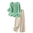 thumbnail image 4 of Womens Solid Color Summer Embroidered V Neck Three Quarter Sleeve Top and Wide Leg Pants Two Piece Set Beach Green XXL, 4 of 4
