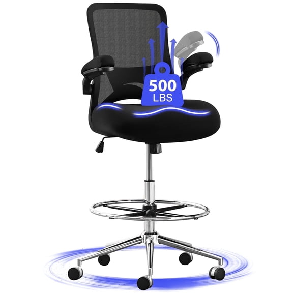 JONPONY Tall 500LBS Drafting Chair for Standing Desk with Flip-up Armrests, Pressure Locking Casters, W-Shape Thicken Cushion, Breathable Mesh Extended Height Office Chairs,Black