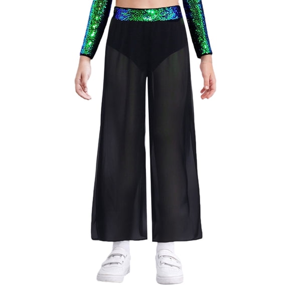 TiaoBug Kids Girls High Waisted Sequins Side Slit Chiffon Wide Leg Pants Belly Dance Performance Bottoms Green 10