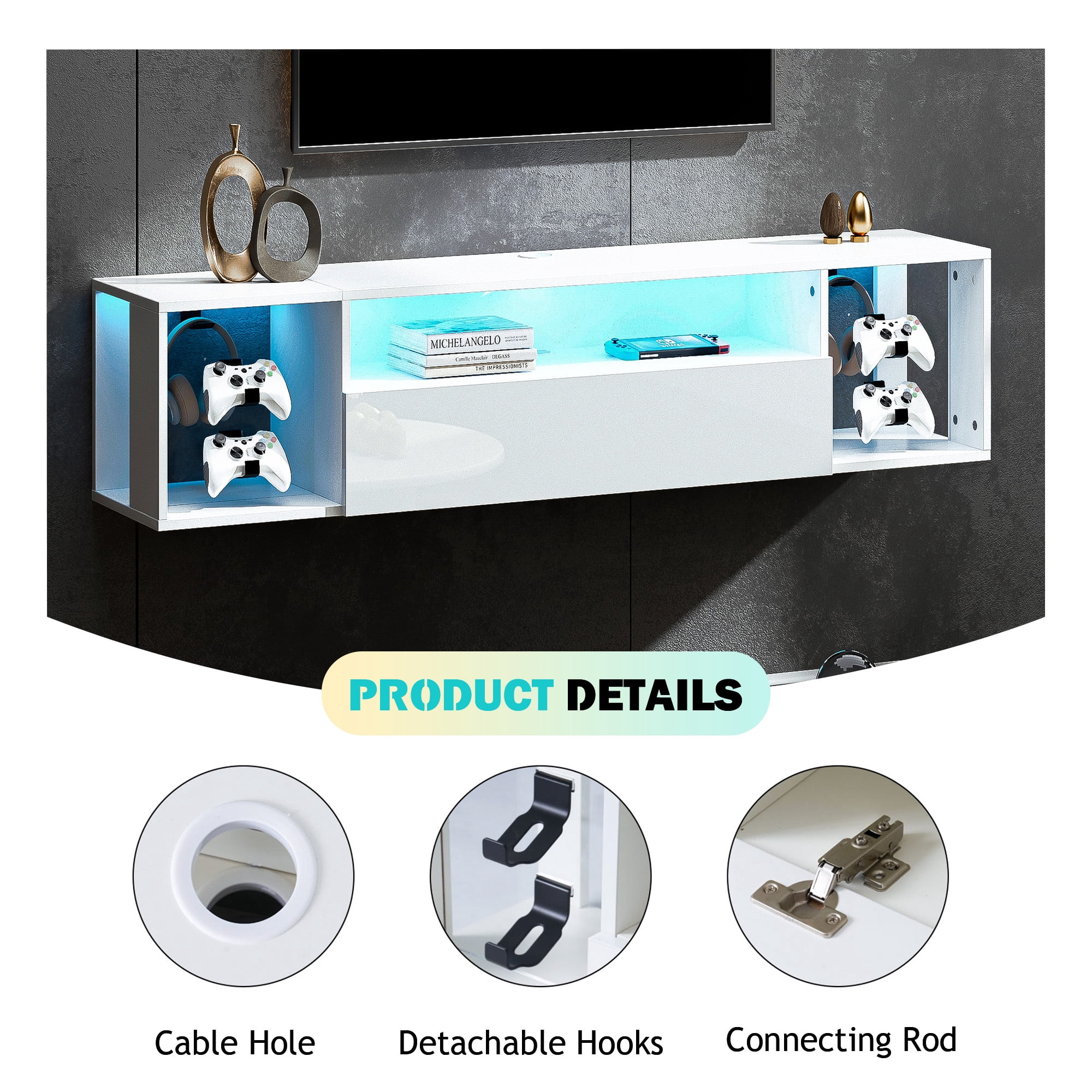 SogesPower East Install Television Stand with Storage, Wood White, 55.10 x 11.80 x 11.80 Inches,White