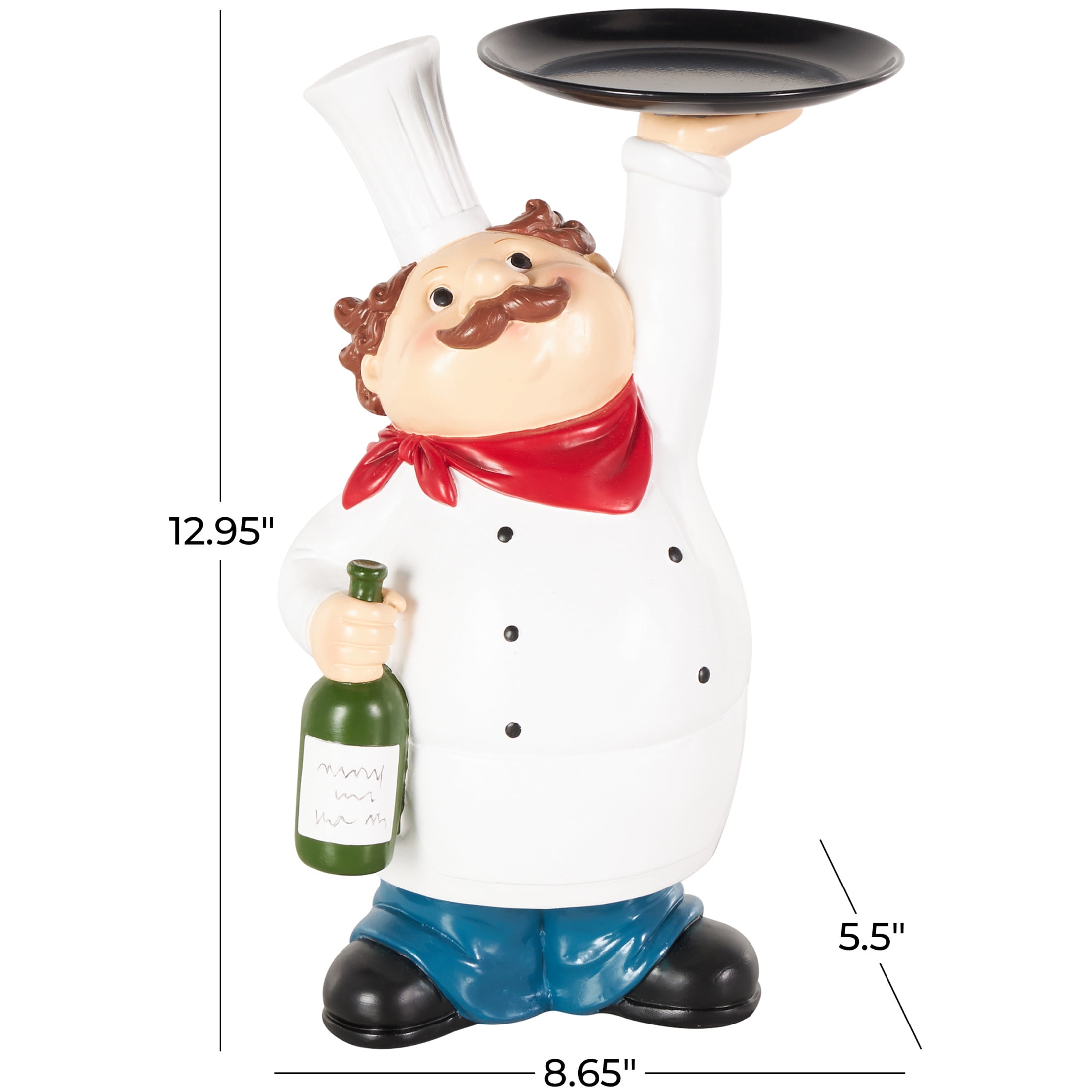 9" x 13" White Polystone Kitchen Decorative Figurine Chef Sculpture with Black Tray and Green Bottle, by DecMode