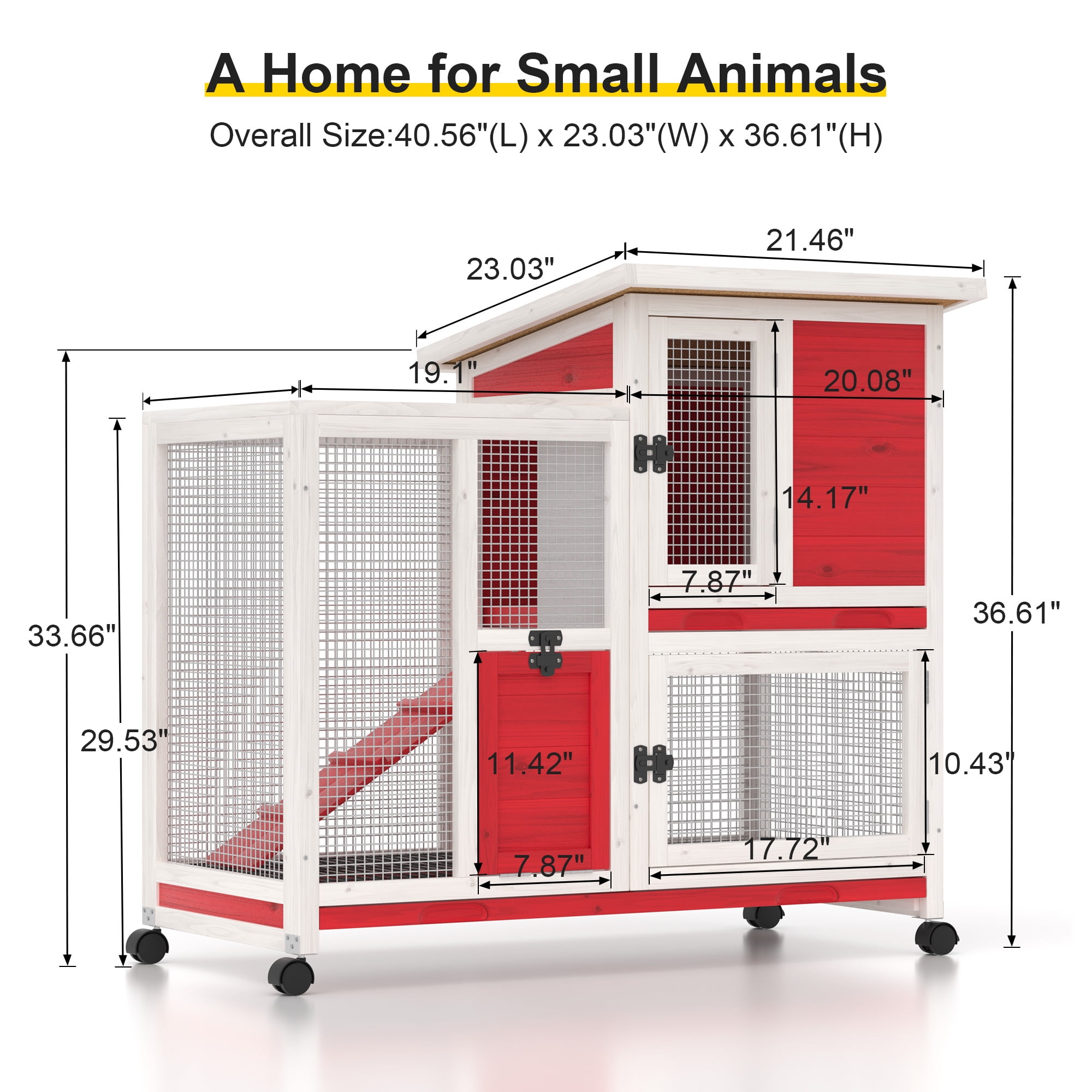 GOJOOASIS Rabbit Hutch Indoor, Water Resistant Wood Chicken Coop Outdoor with 3 Removable Tray & Running Cage & Ramp & Wheels, Red & White