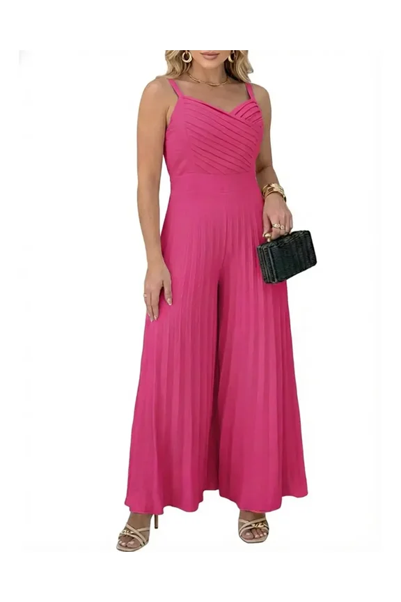 Jumpsuits for Women V Neck Spaghetti Strap Wide Leg Pleated Pants Summer Cami Overalls Hot Pink-L