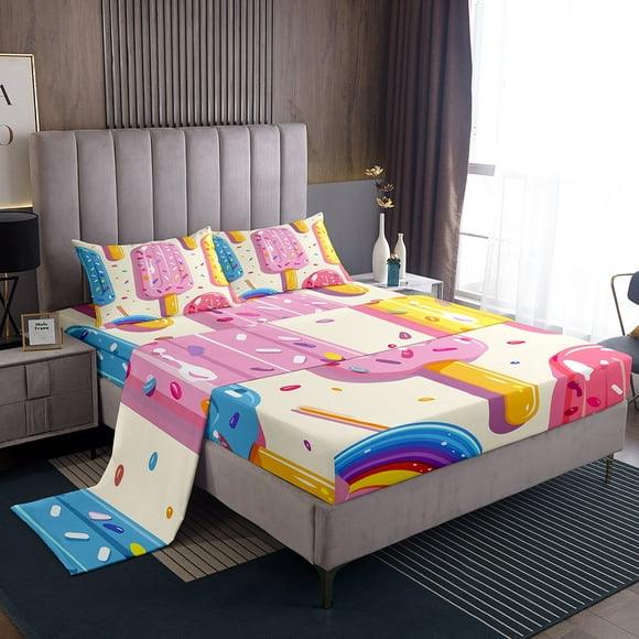 YST Colorful Popsicle Queen Bed Sheets Set,Cute Rainbow Popsicle Bedding Set for Kids Girls Boys Kawaii Room Decor,Watercolor Candy Dessert Sheets Food Theme Fitted Sheet Set 4Pcs