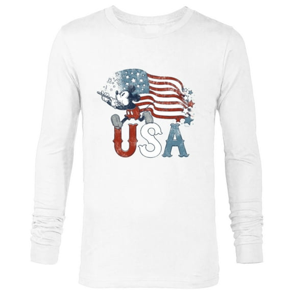 Disney Mickey Mouse with Flute America USA Flag 4th of July - Long Sleeve T-Shirt for Men - Customized-White