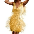 thumbnail image 1 of Coduop Women Tassel Tiered Mini Dresses V-Neck Spaghetti Straps Sparkly Short Party Dress, 1 of 4