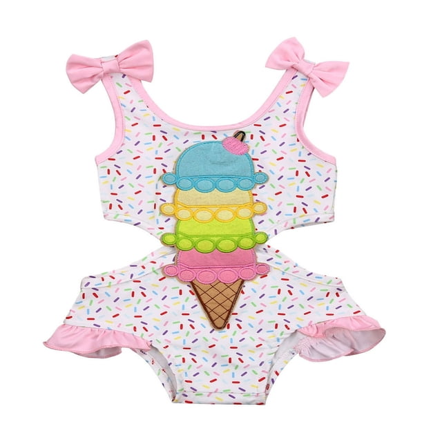 Toddler Baby Girls Ruffles One Piece Swimsuit Ice Cream Print Suspender Swimsuit Bathing Suit